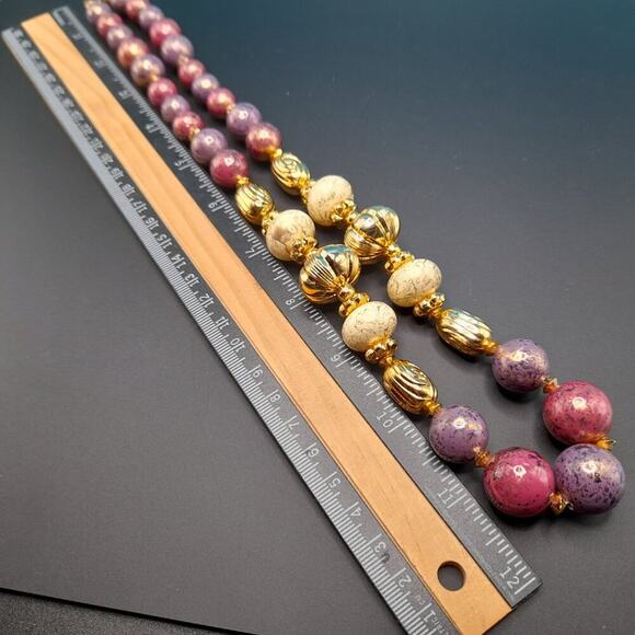 Vintage Chunky Art Beaded Necklace, Gold White Purple Beads, 24 Inches - Picture 3 of 12